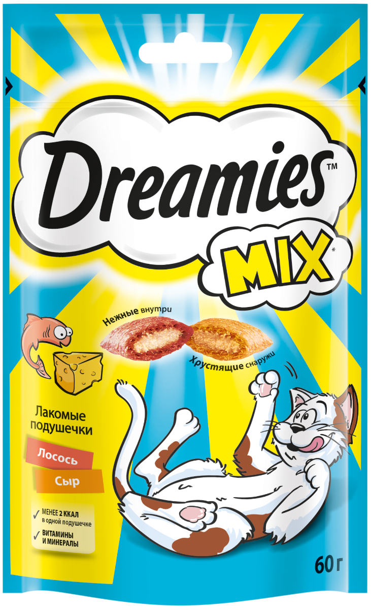 Dreamies MIX лакомство для кошек, подушечки с лососем и сыром (6шт в уп) / 60 гр