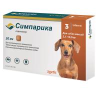 Zoetis Симпарика, жевательные таблетки от блох и клещей для взрослых собак весом 5,1-10 кг, 20 мг