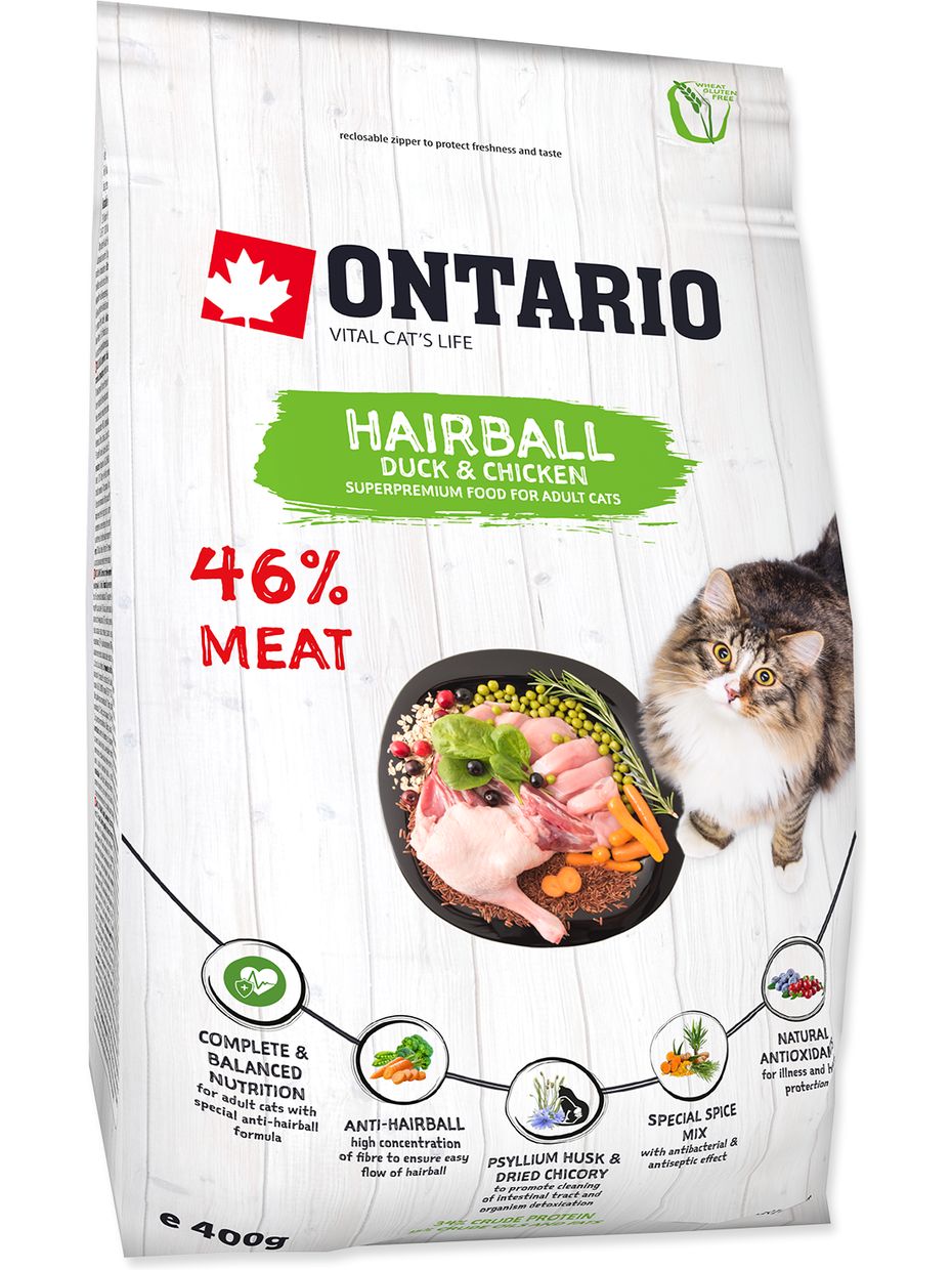 Ontario корм для кошек, для вывода шерсти, с уткой, с курицей (400 гр)