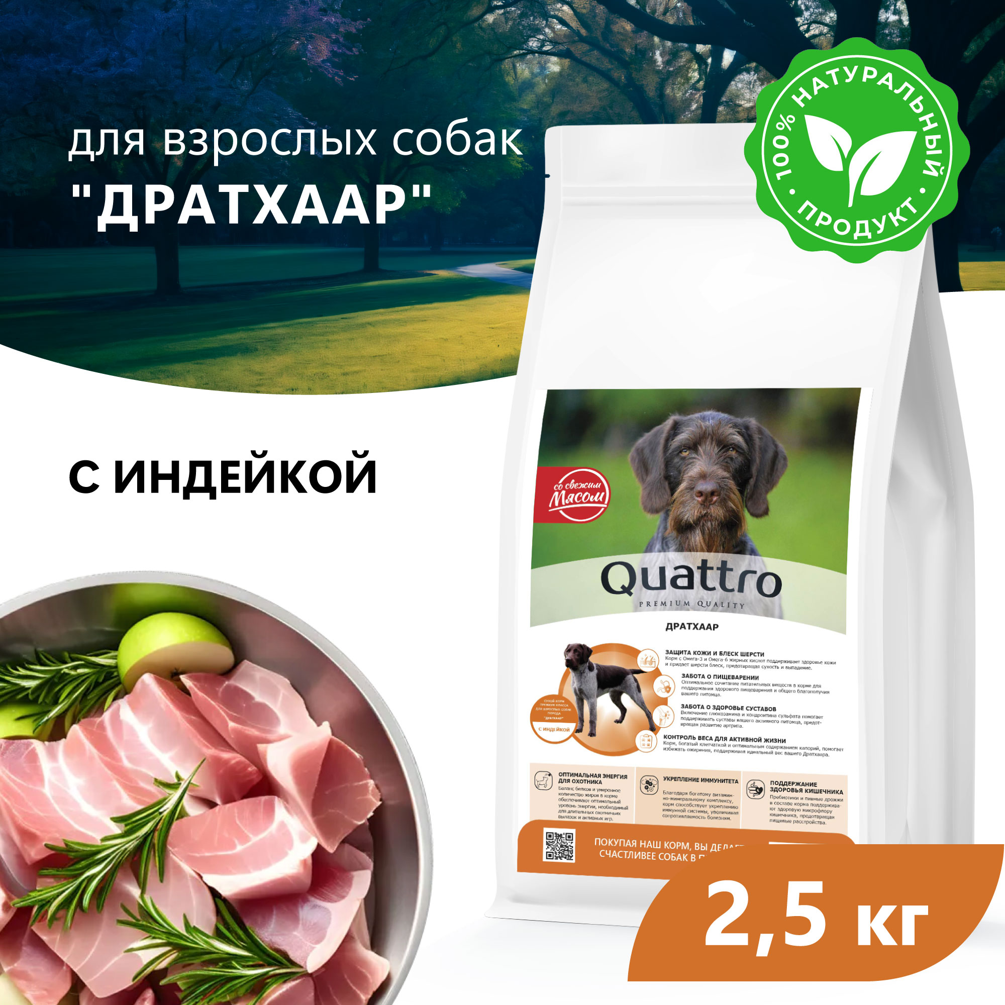 Quattro корм для взрослых собак породы Дратхаар, с индейкой — купить по  доступной цене с доставкой