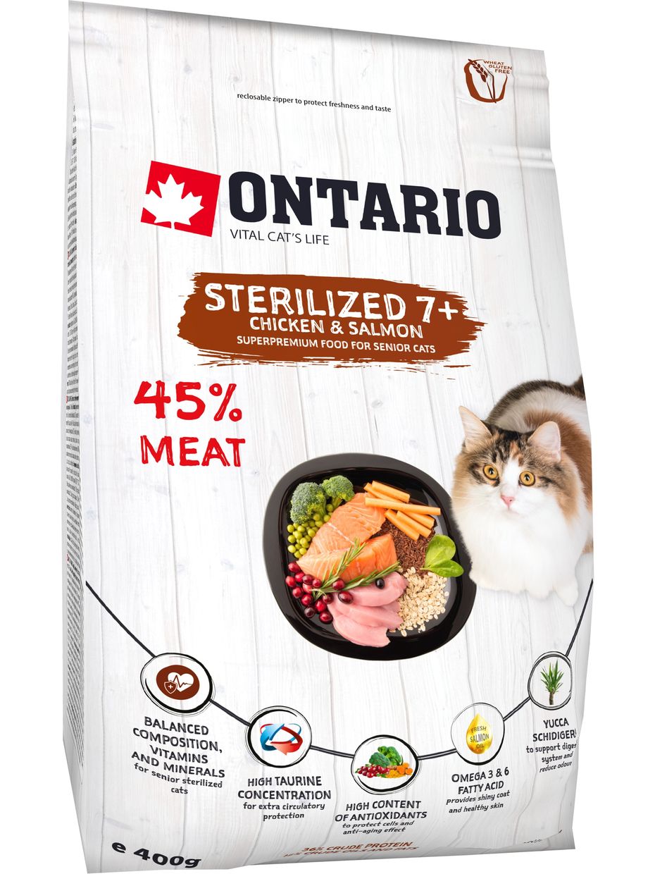 Ontario корм для стерилизованных пожилых кошек, с курицей, с лососем (400 гр)