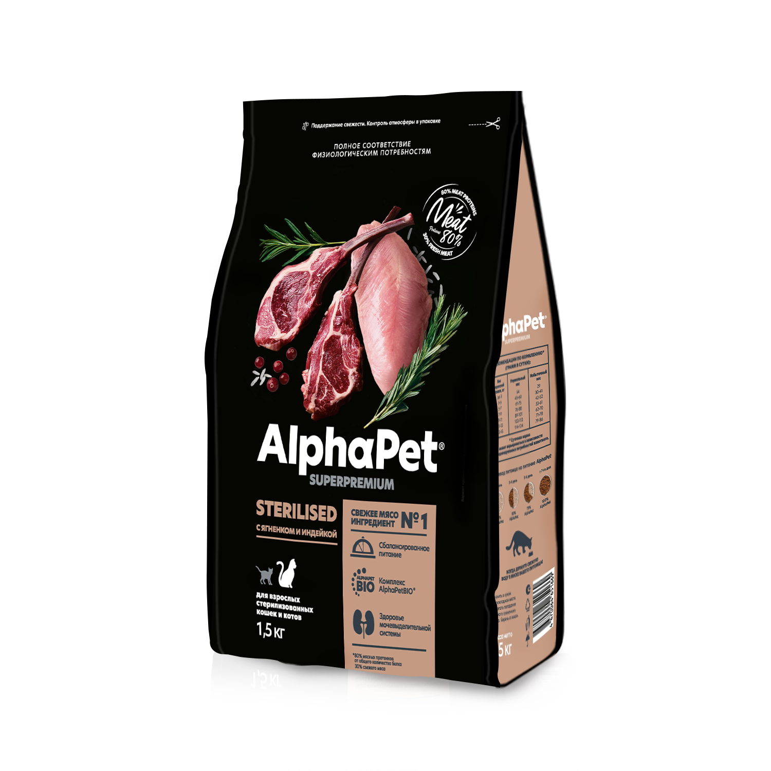 AlphaPet корм для стерилизованных кошек, с ягненком и индейкой (1,5 кг)