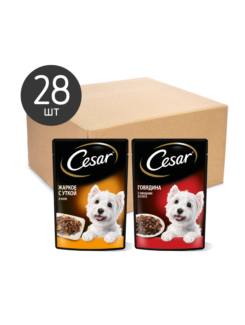 Cesar влажный корм для собак, набор, жаркое с уткой и говядина с овощами (28*85 гр)