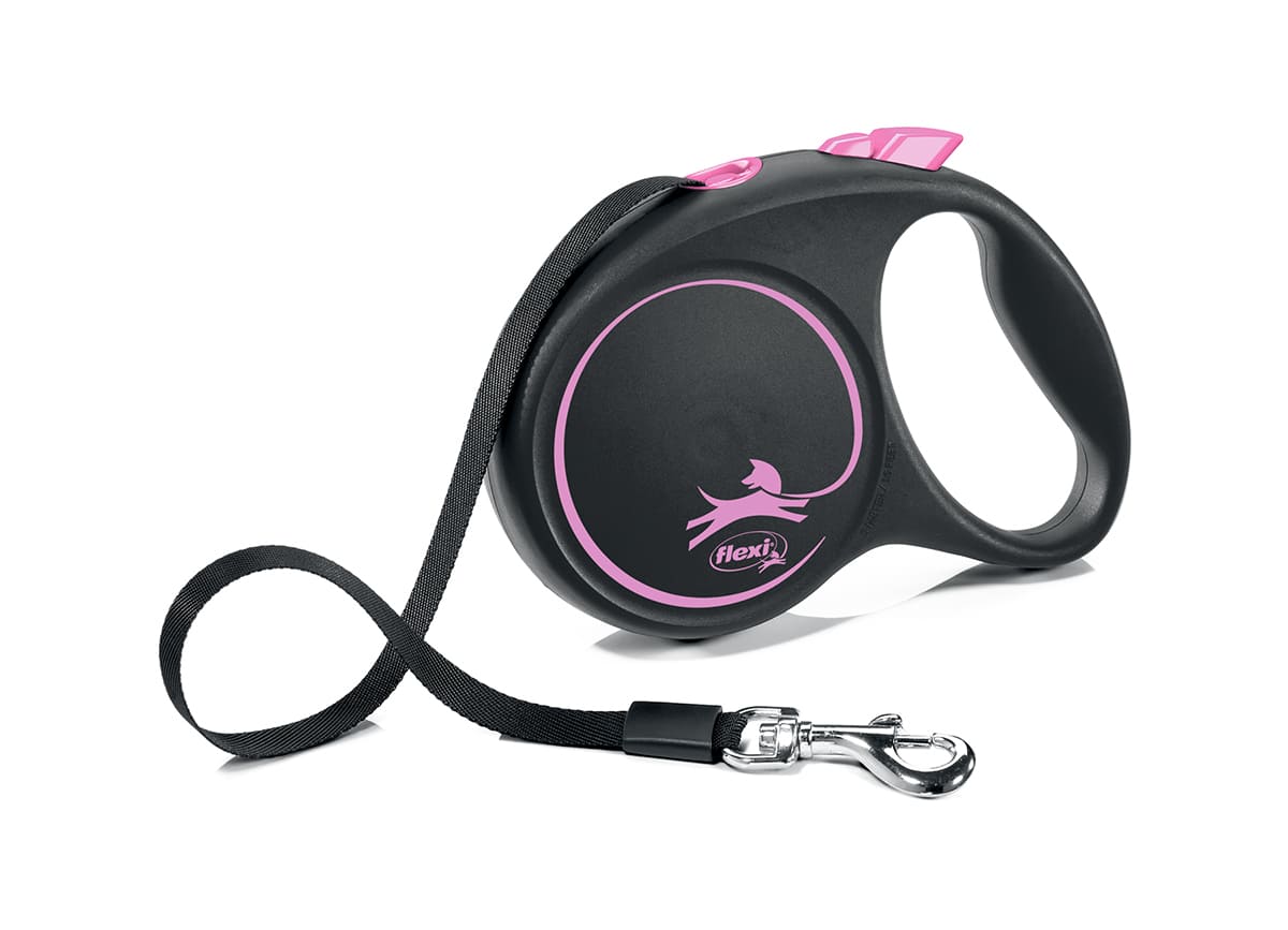 Flexi Black Design рулетка-лента, размер M, для собак весом до 25 кг, 5 м (черная/розовая)