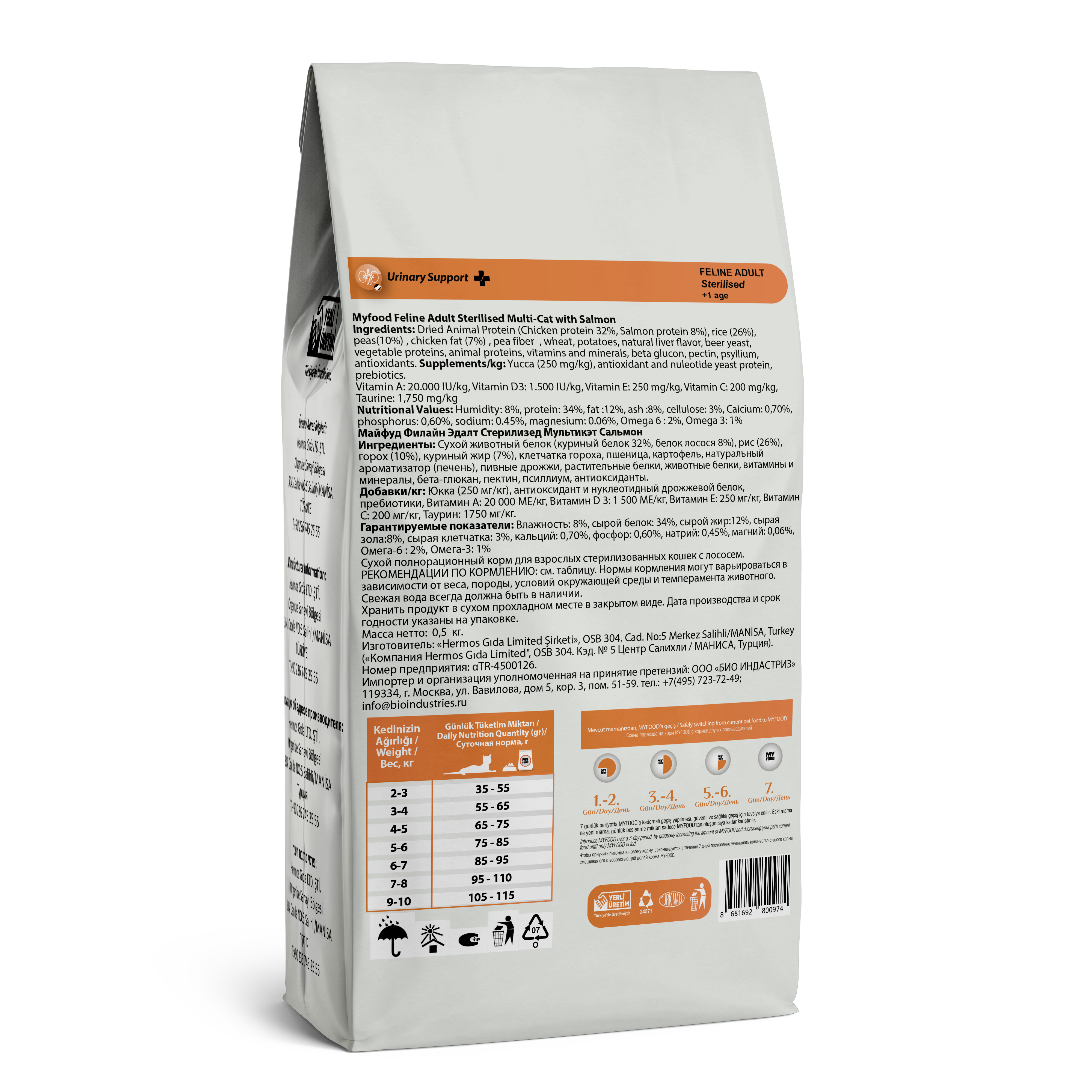 88137 Myfood feline adult steril 500 gr back(rusya)