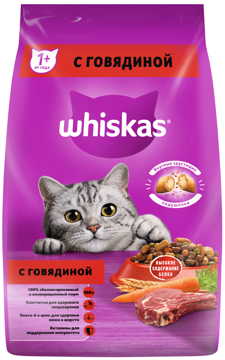 Whiskas корм для взрослых кошек всех пород, подушечки с нежным паштетом, с  говядиной — купить по доступной цене с доставкой