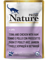 137.6.5323    PRIME NATURE пауч 100гр в желе Тунец с курицей и ветчиной дкошек (уп24)