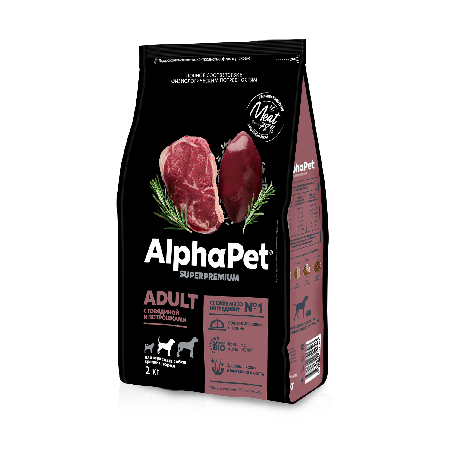2 бок Сухой корм AlphaPet для взр. собак медиум с гов. и потр. 2 кг