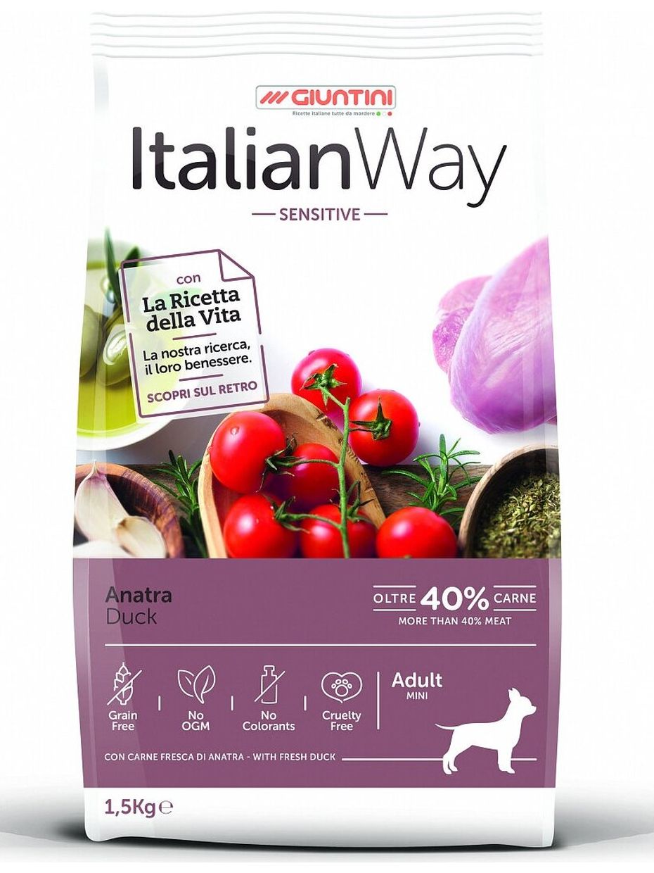 Italian Way корм для собак мелких пород, беззерновой, при чувствительном пищеварении, утка (1,5 кг)