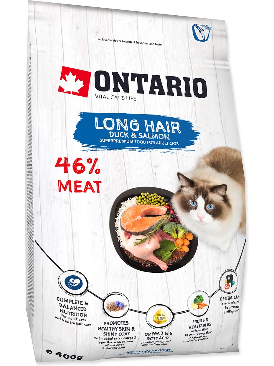 Ontario корм для длинношерстных кошек, с уткой и лососем (400 гр)