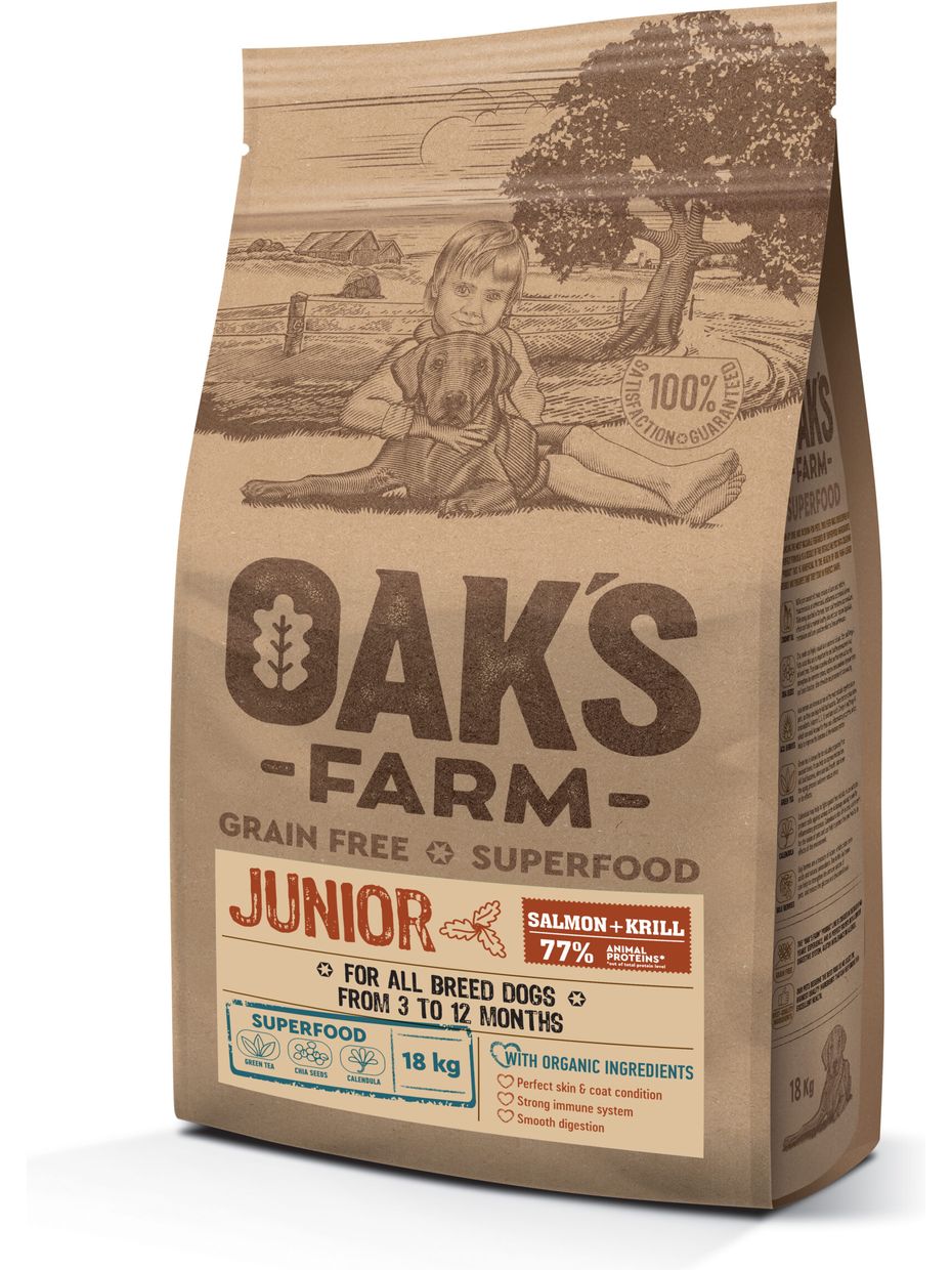 Oak's Farm GF сухой корм для щенков 3-12 мес., лосось и криль (18 кг)