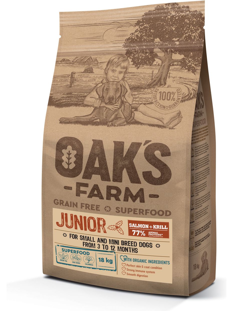 Oak's Farm GF сухой корм для щенков 3-12 мес. малых и мини пород, лосось и криль (18 кг)
