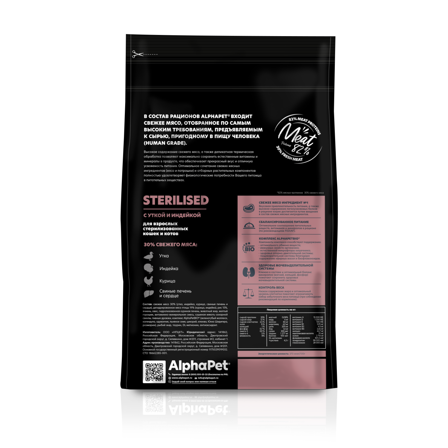 оборот Сухой корм AlphaPet для взр. стерил. кошек с уткой и инд 1,5 кг