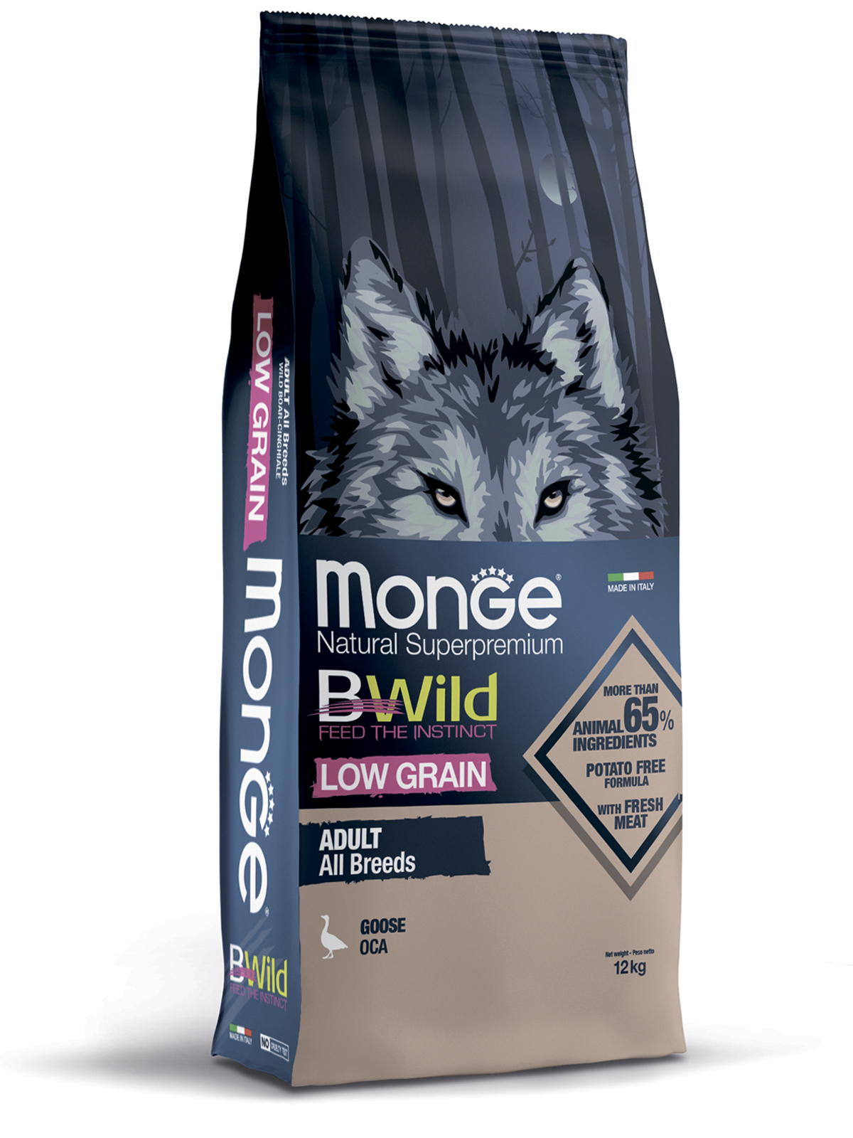 Monge Dog BWild Low Grain корм для взрослых собак всех пород, низкозерновой, мясо гуся (12 кг)