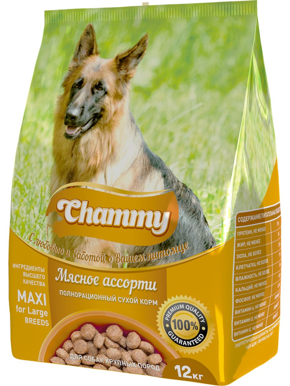 Chammy корм для собак крупных пород, мясное ассорти (12 кг)