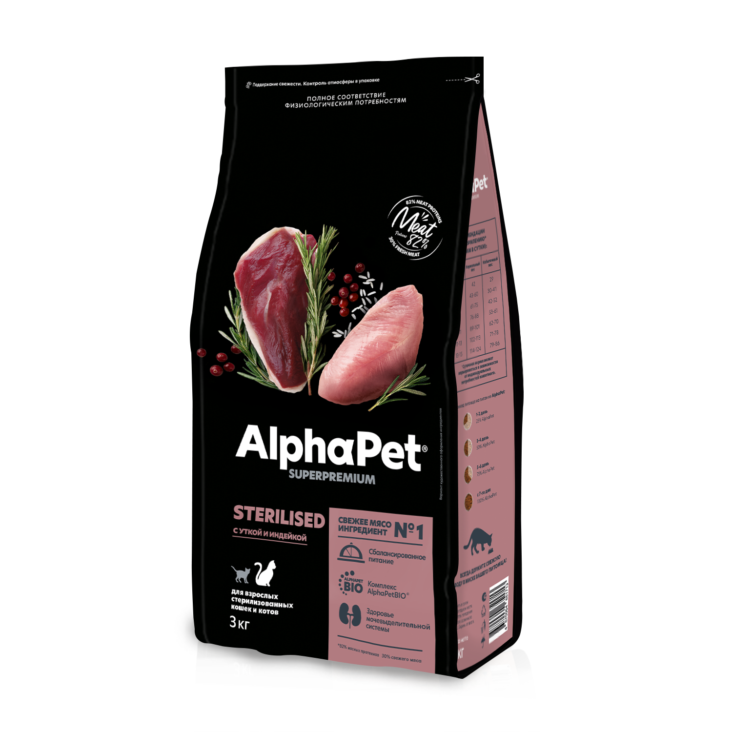 AlphaPet корм для стерилизованных кошек, с уткой и индейкой (3 кг)