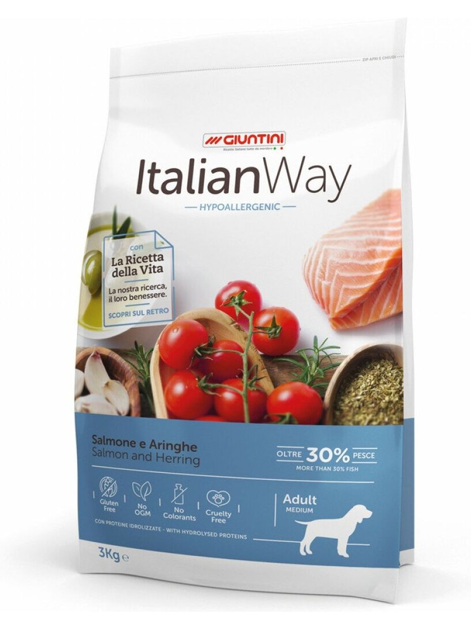 Italian Way корм для собак средних пород, гипоаллергенный, лосось, сельдь (3 кг)