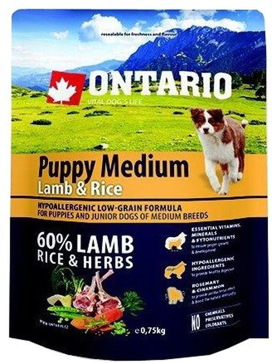 Ontario корм для щенков средних пород, ягненок и рис (750 гр)