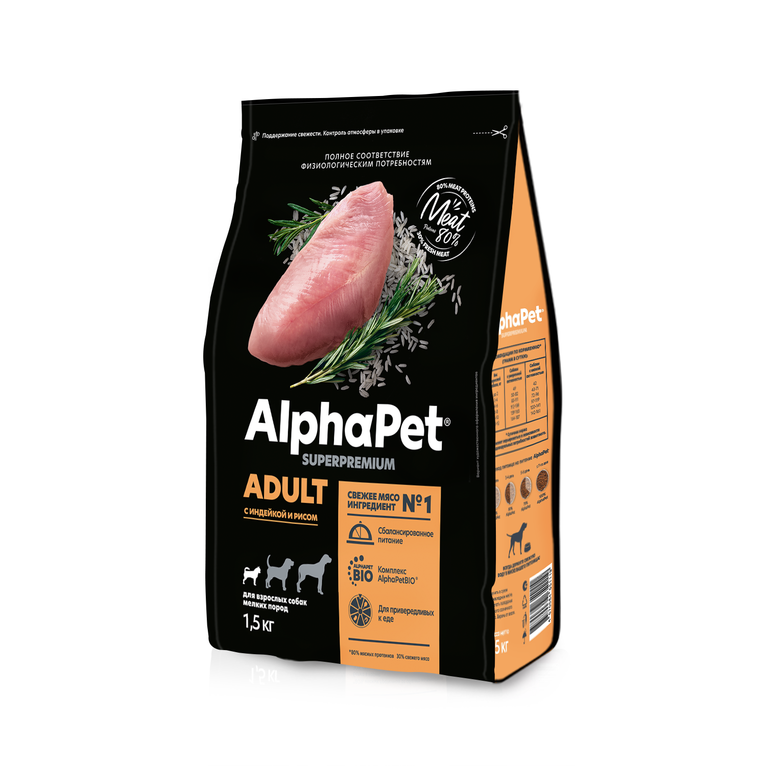 AlphaPet корм для собак малых пород, с индейкой и рисом (1,5 кг)