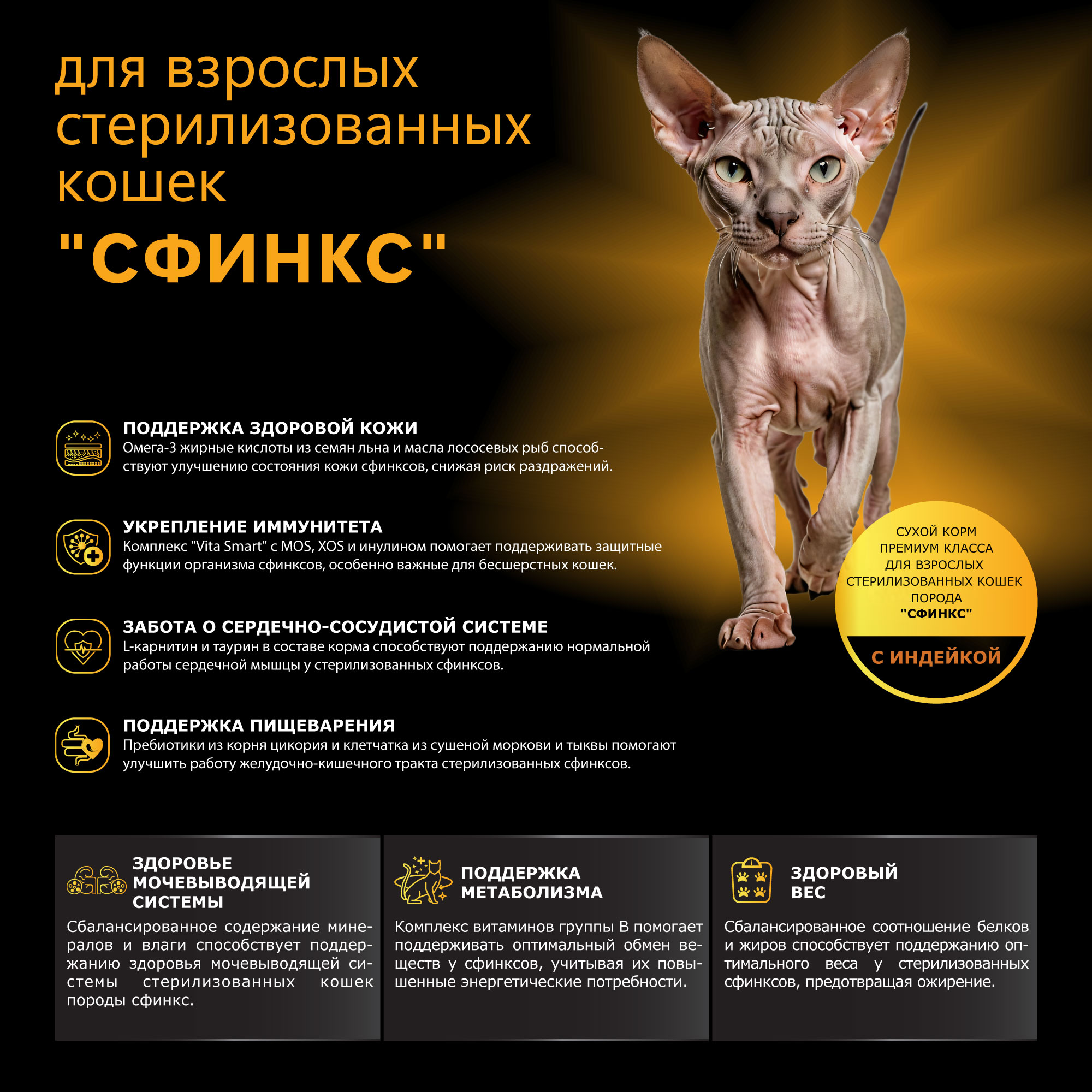 Quattro корм для стерилизованных кошек породы Сфинкс, с курицей и индейкой