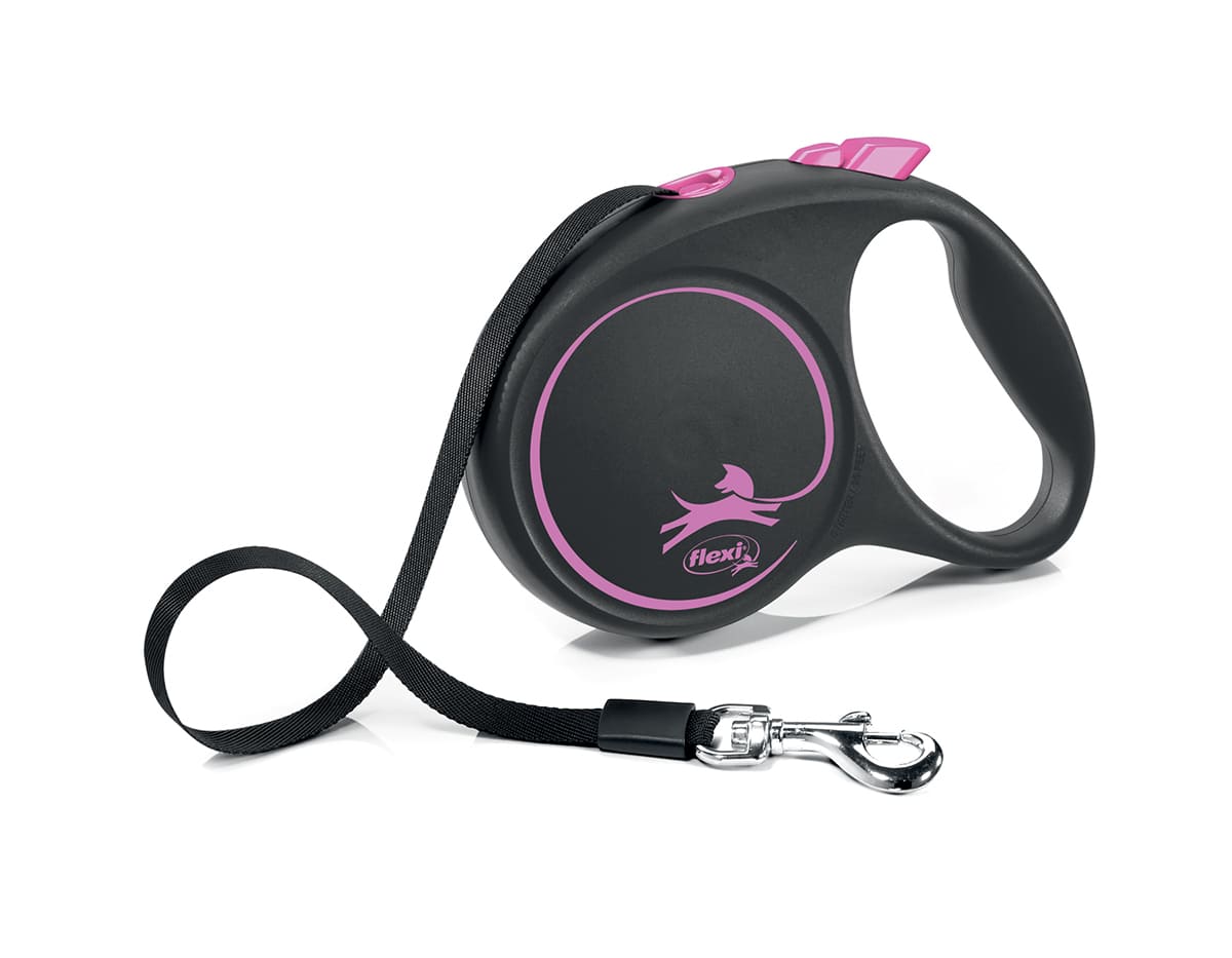 Flexi Black Design рулетка-лента, размер L, для собак весом до 50 кг, 5 м  (черная/розовая)