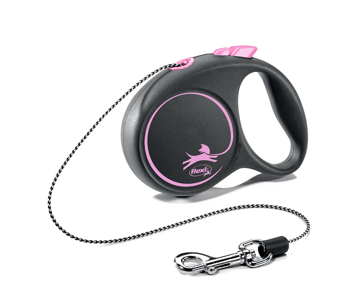 Flexi Black Design рулетка-трос, размер XS, для собак весом до 8 кг, 3 м (черная/розовая)