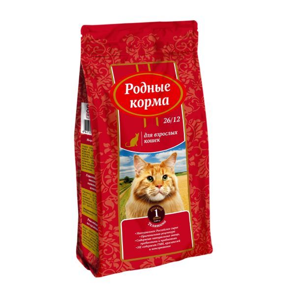 Родные Корма сухой корм для взрослых кошек всех пород, телятина