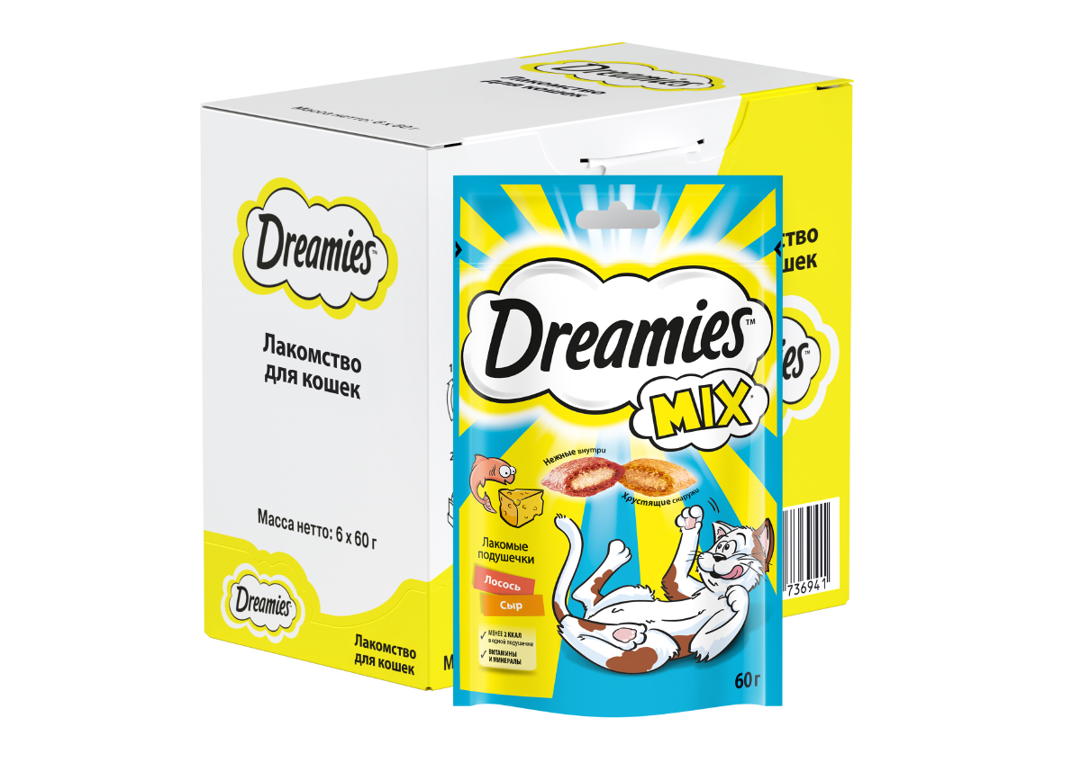 Dreamies MIX лакомство для кошек, подушечки с лососем и сыром (6шт в уп) (60 гр)