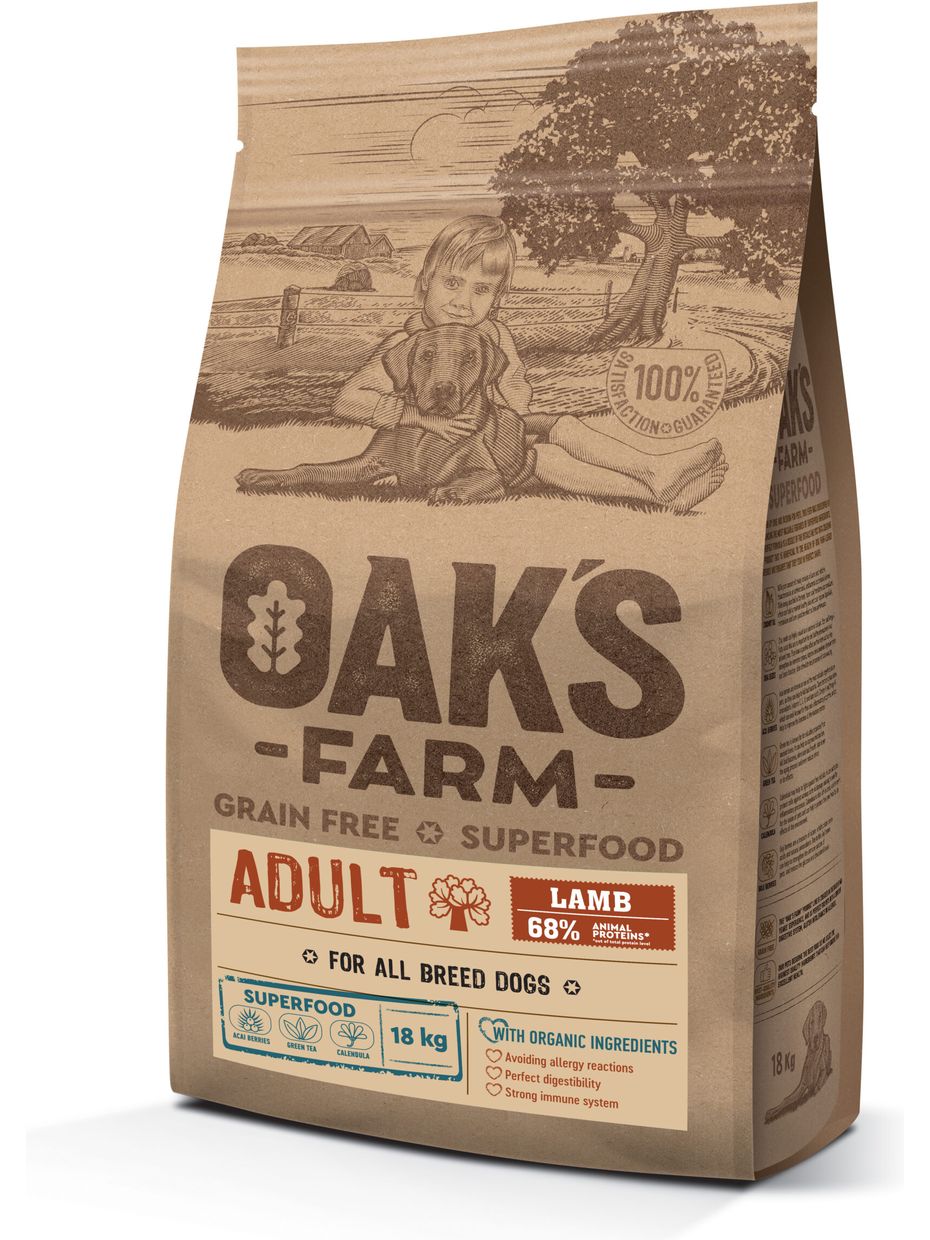 Oak's Farm GF сухой корм для собак всех пород, ягненок (18 кг)