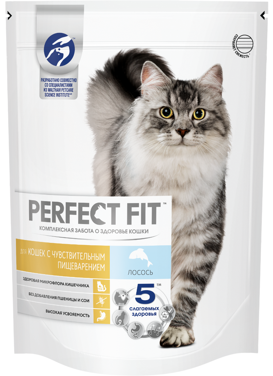 Perfect Fit корм для взрослых кошек всех пород, чувствительное пищеварение, лосось (650 гр)