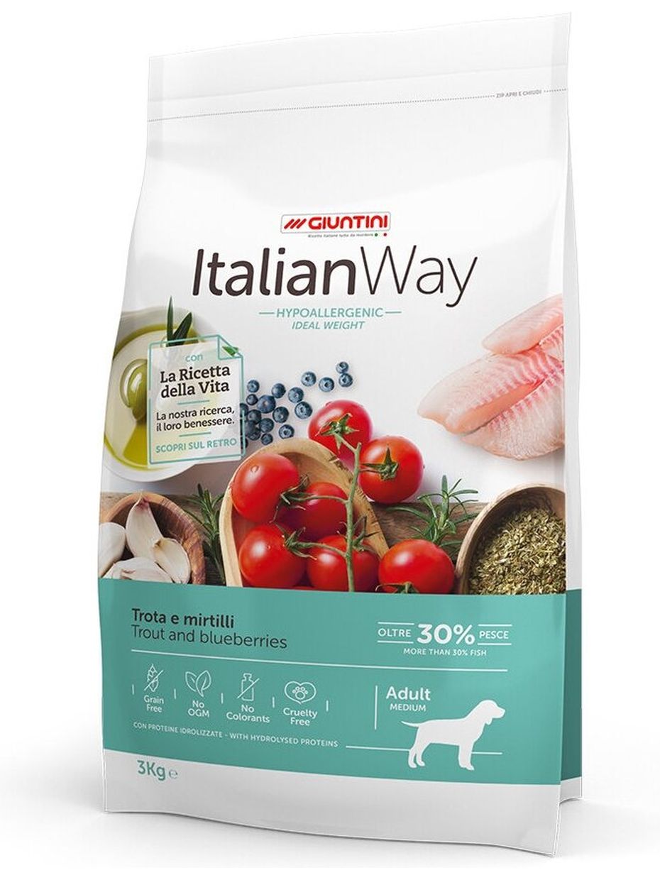 Italian Way корм для собак средних пород, форель, с черникой (3 кг)