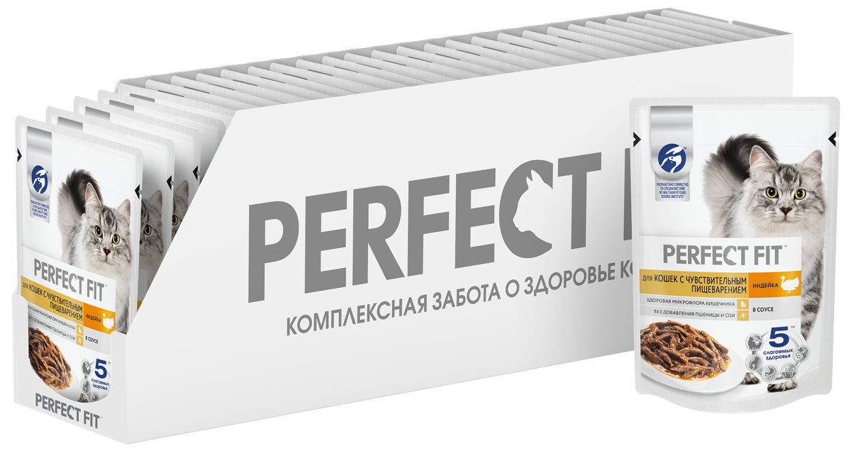 Perfect Fit влажный корм для кошек, с чувствительным пищеварением, с индейкой в соусе (28шт в уп) (75 гр)