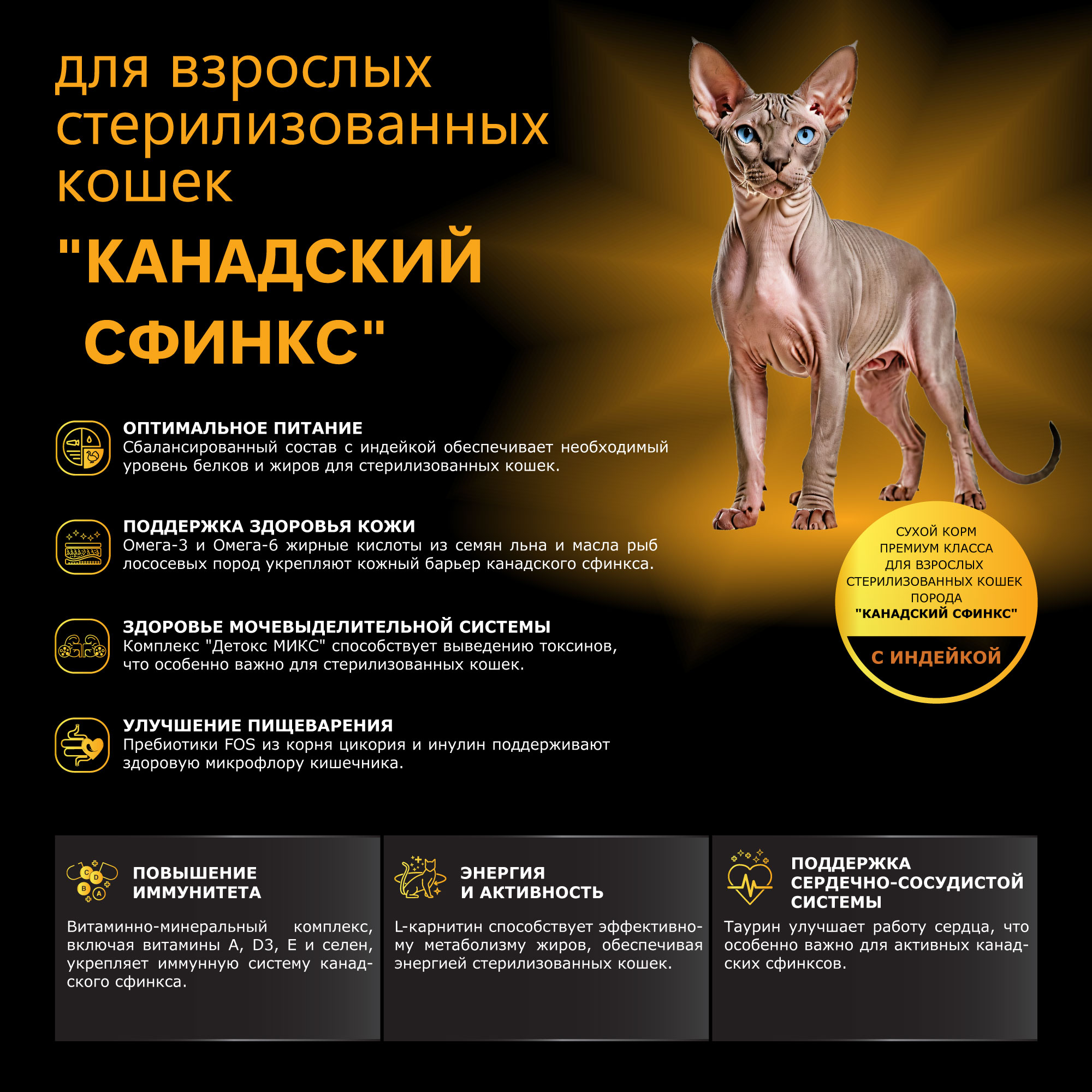 Quattro корм для стерилизованных кошек породы Канадский сфинкс, с курицей и индейкой