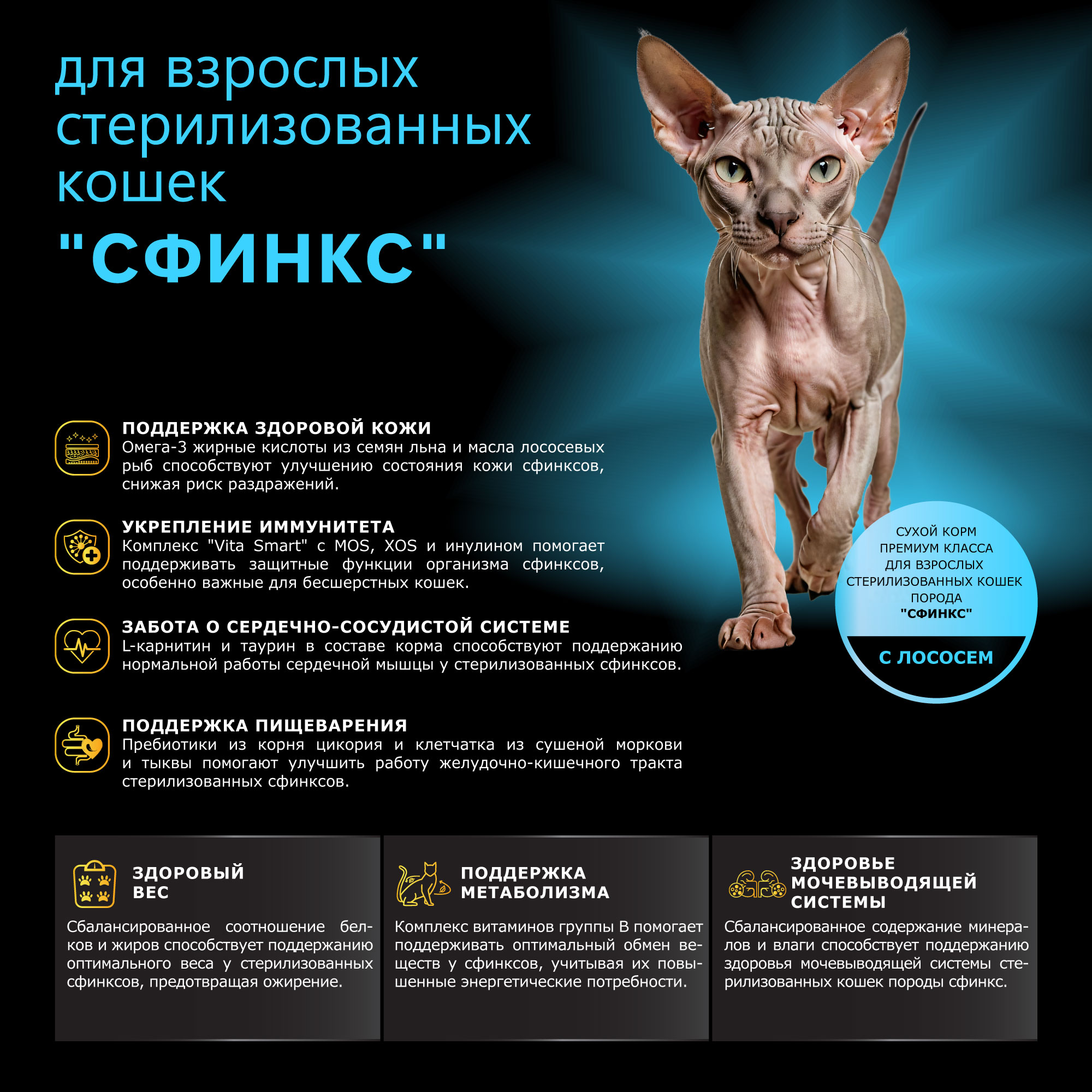 Quattro корм для стерилизованных кошек породы Сфинкс, с лососем и хамсой
