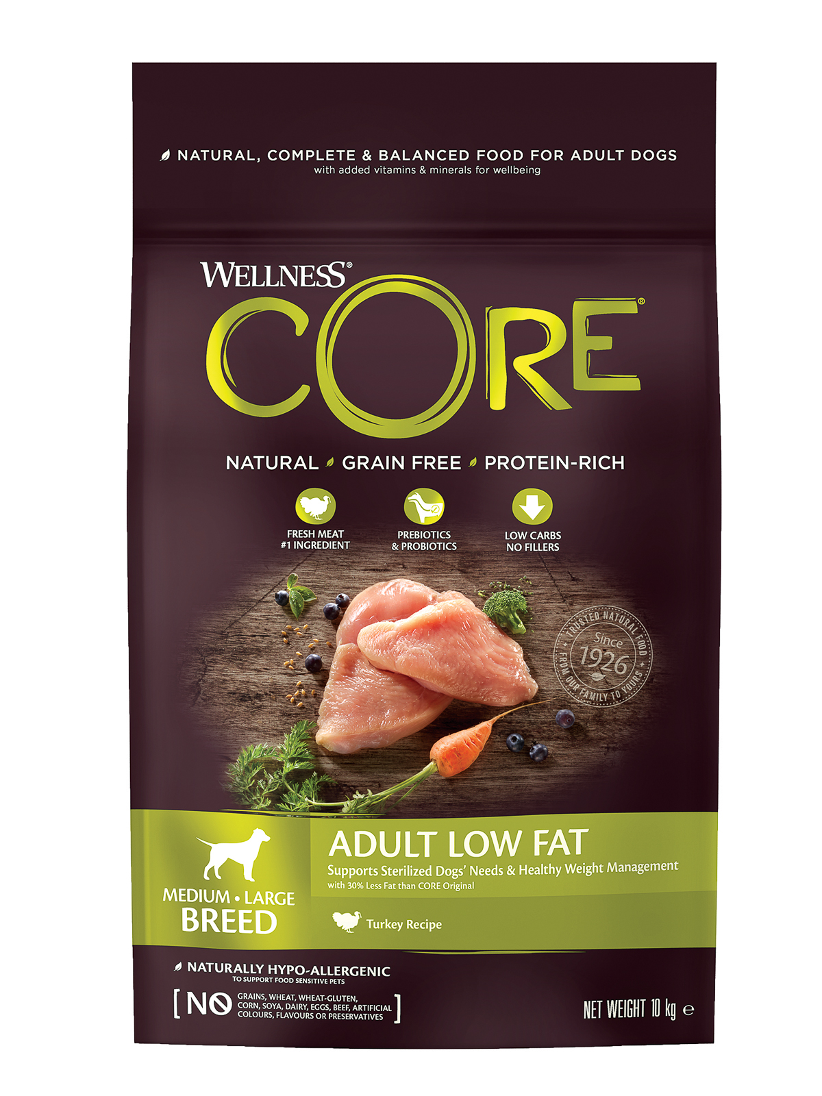 CORE корм для взрослых собак средних и крупных пород, контроль веса, беззерновой, индейка (10 кг)