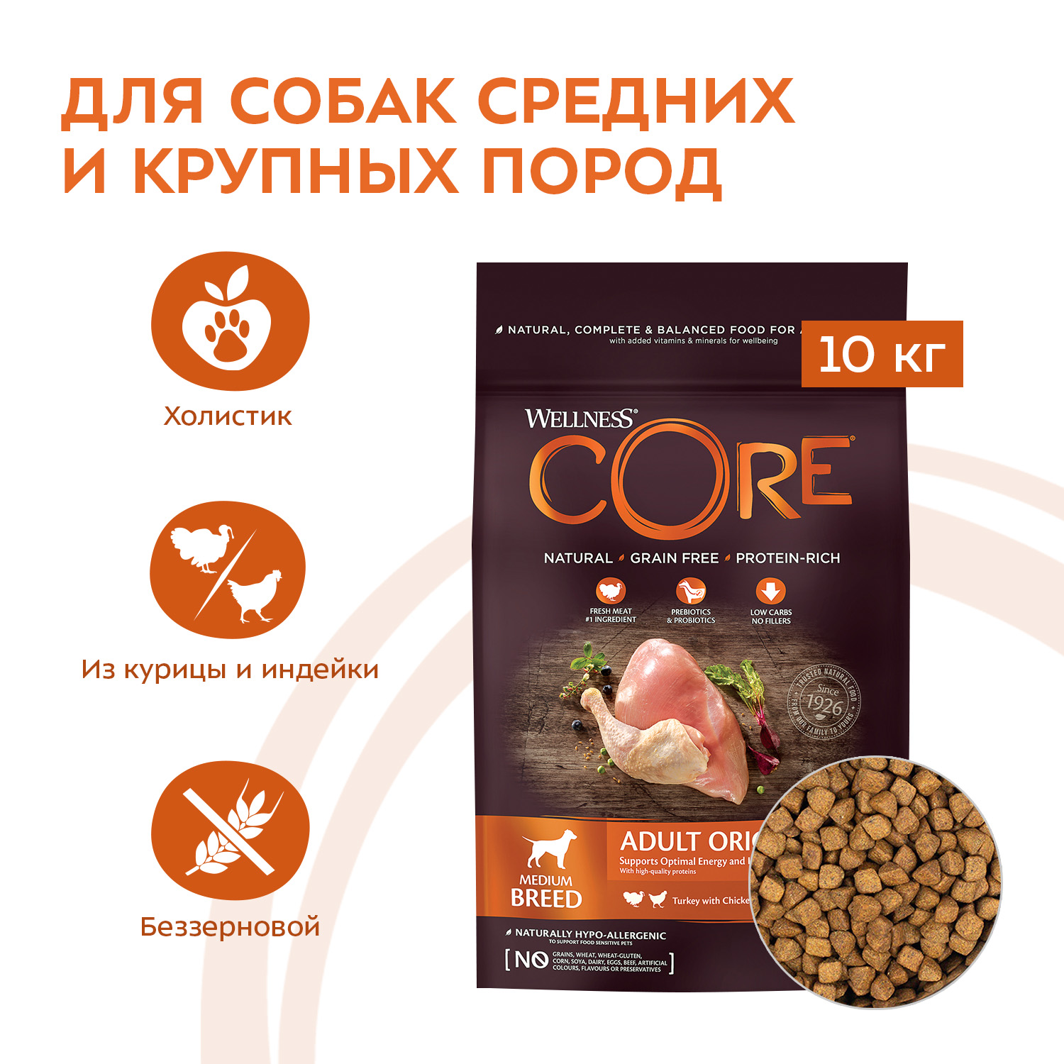 CORE корм для взрослых собак средних пород, беззерновой, индейка и курица (10 кг)