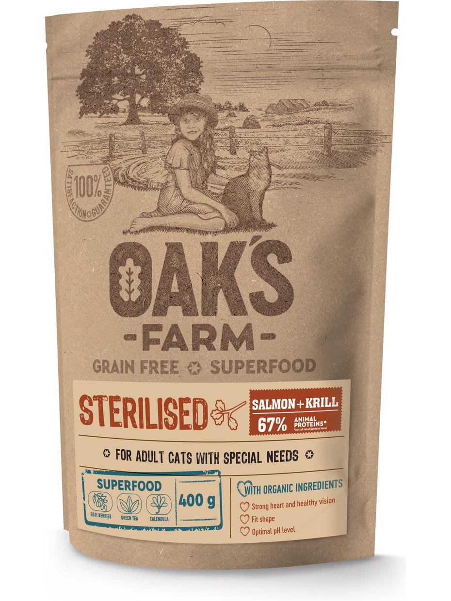 Oak's Farm GF сухой корм для стерилизованных кошек, лосось и криль (400 гр)