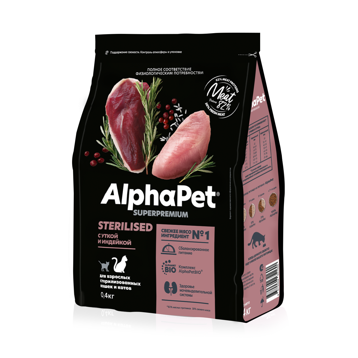 AlphaPet корм для стерилизованных кошек, с уткой и индейкой (400 гр)