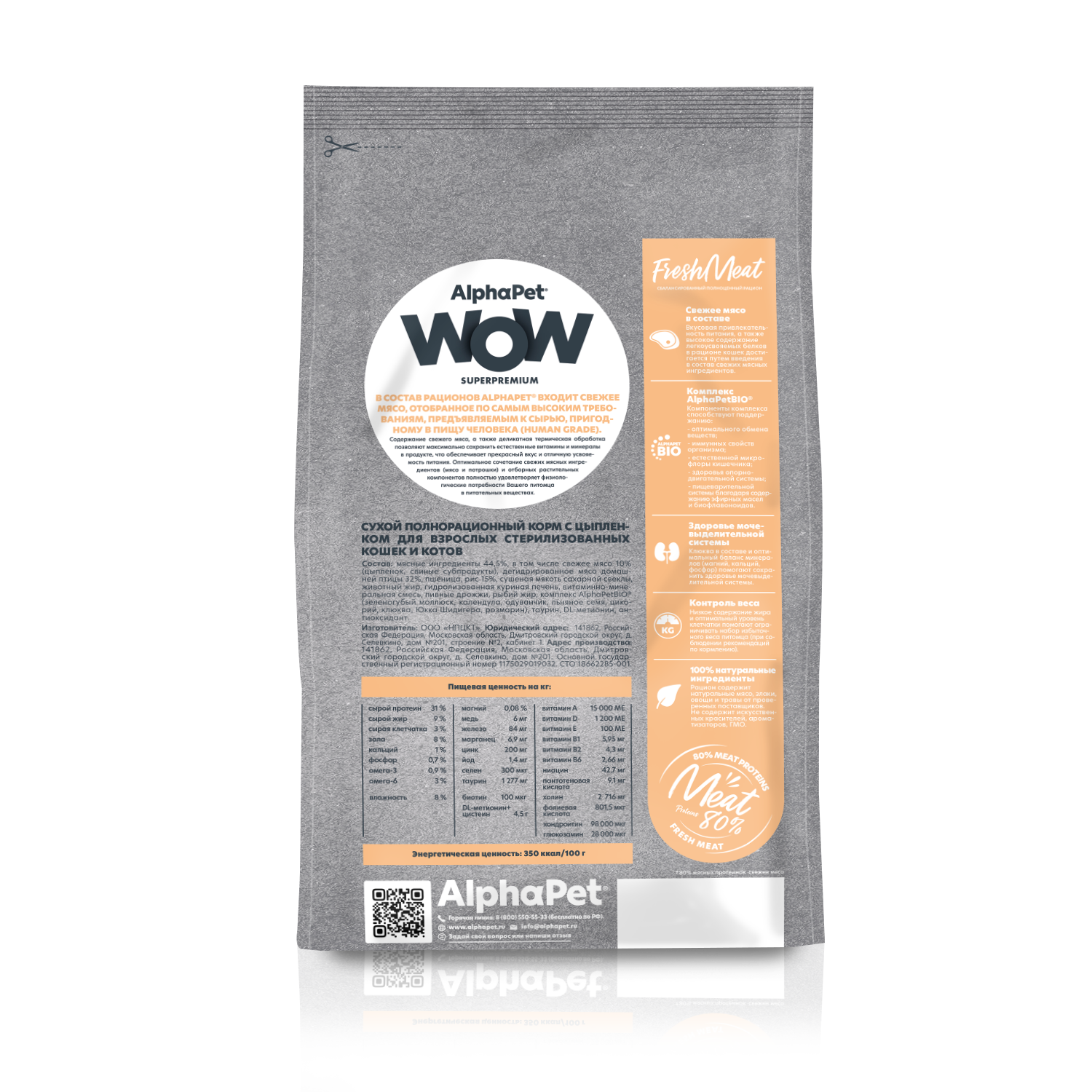 оборотСухой корм WOW для стерил. кошек c цып. 0,75 кг