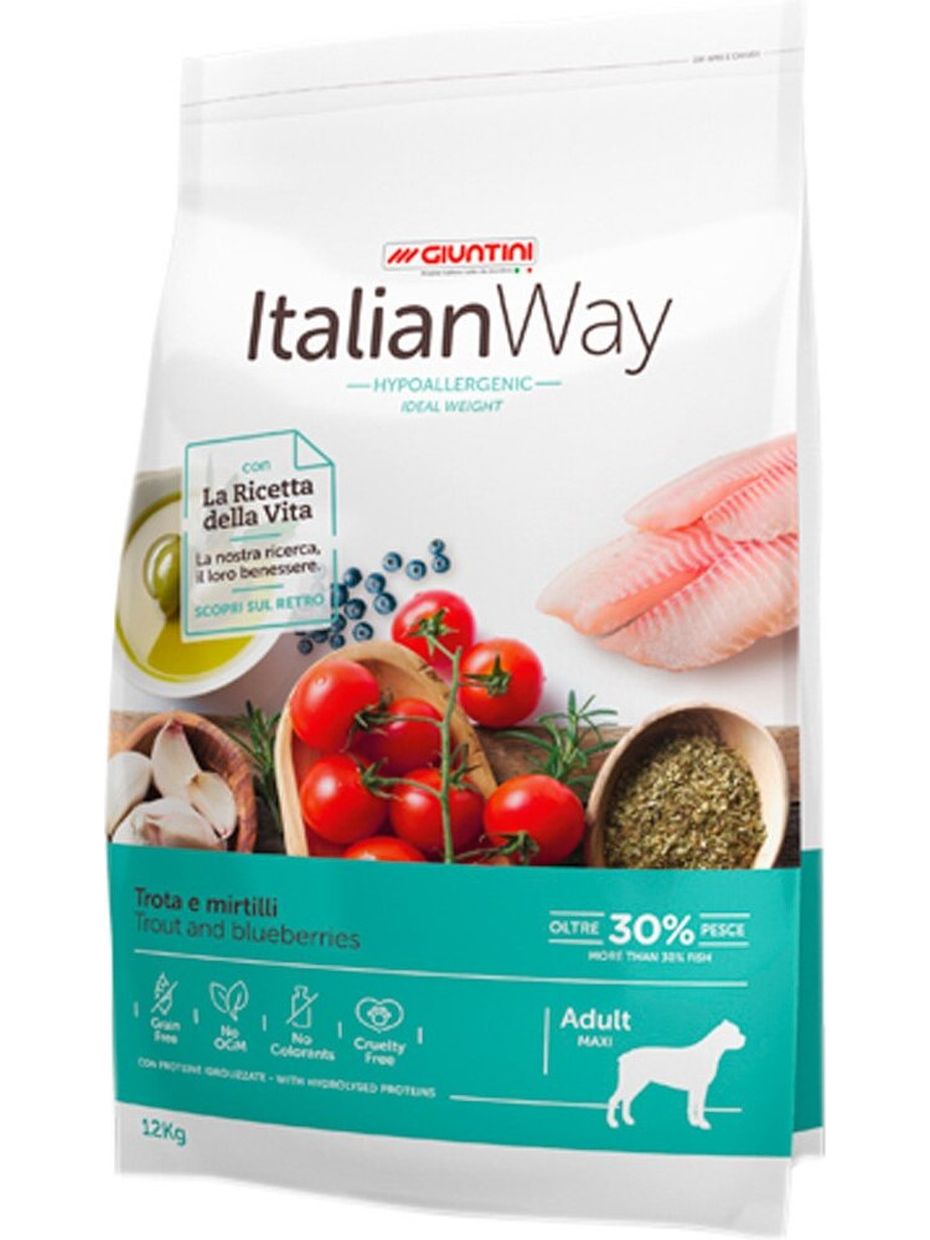 Italian Way корм для собак крупных пород, с функцией поддержки веса, с форелью и черникой (12 кг)