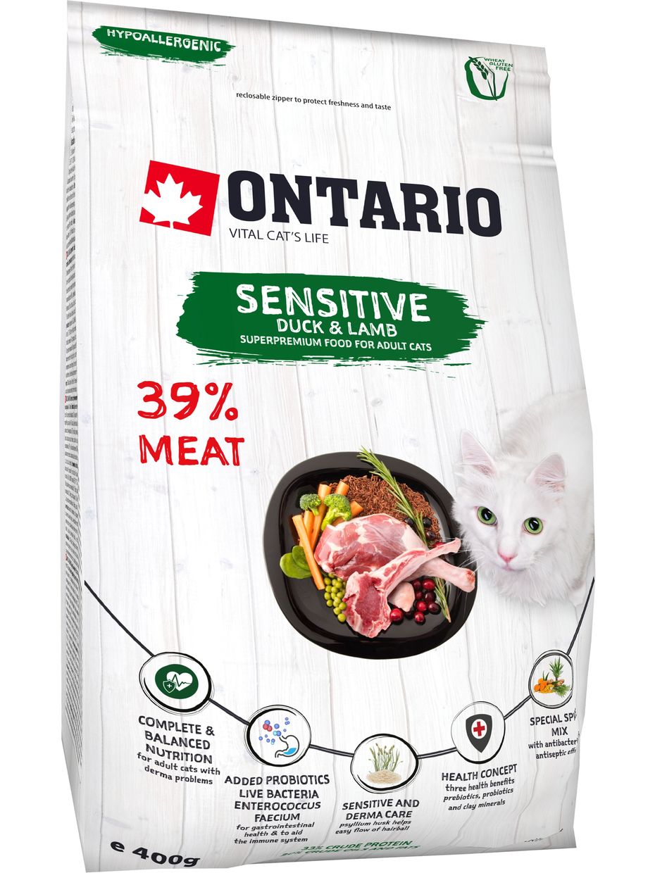 Ontario корм для кошек, при чувствительном пищеварении, с уткой, с ягненком (400 гр)