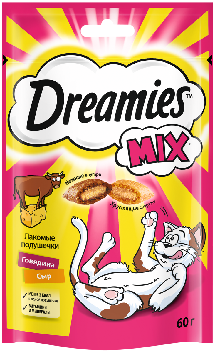 Dreamies лакомство для кошек, подушечки, с говядиной и сыром (6шт в уп) / 60 гр