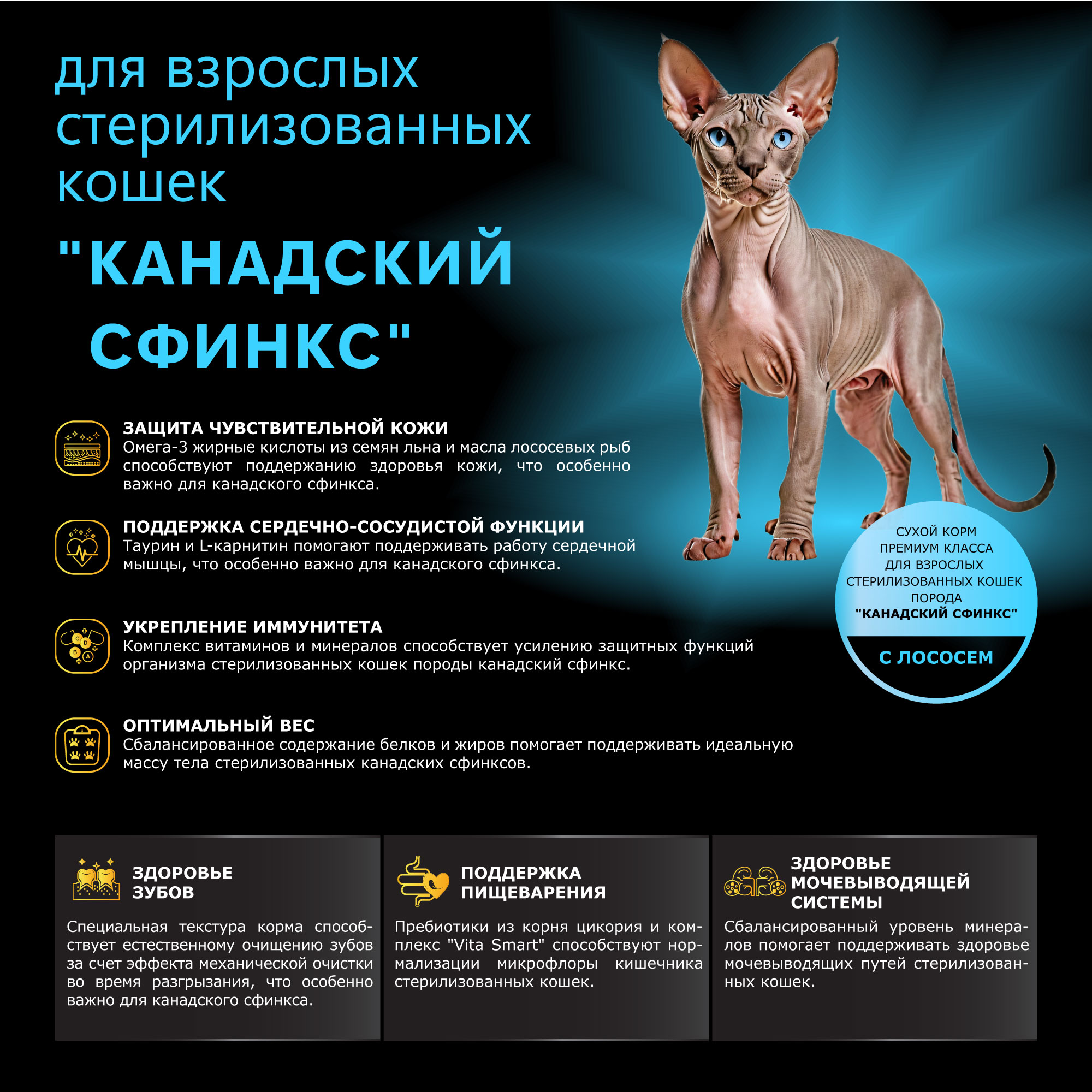 Quattro корм для стерилизованных кошек породы Канадский сфинкс, с лососем и хамсой