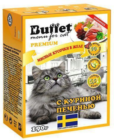 Buffet влажный корм для взрослых кошек всех пород, кусочки в желе с куриной печенью